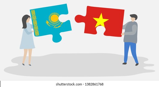 Couple holding two puzzles pieces with Kazakh and Vietnamese flags. Kazakhstan and Vietnam national symbols together.