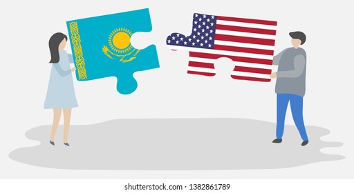 Couple holding two puzzles pieces with Kazakh and American flags. Kazakhstan and United States of America national symbols together.