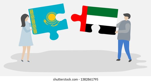 Couple holding two puzzles pieces with Kazakh and Emirian flags. Kazakhstan and United Arab Emirates national symbols together.