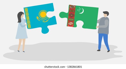 Couple holding two puzzles pieces with Kazakh and Turkmen flags. Kazakhstan and Turkmenistan national symbols together.