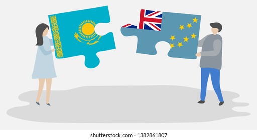 Couple holding two puzzles pieces with Kazakh and Tuvaluan flags. Kazakhstan and Tuvalu national symbols together.