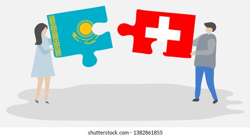 Couple holding two puzzles pieces with Kazakh and Swiss flags. Kazakhstan and Switzerland national symbols together.