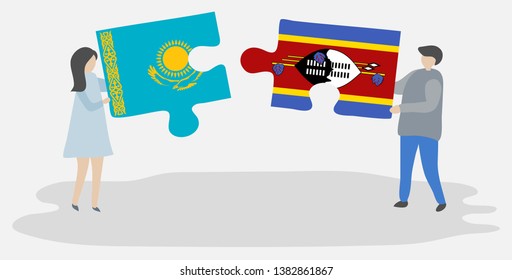 Couple holding two puzzles pieces with Kazakh and Swazi flags. Kazakhstan and Swaziland national symbols together.