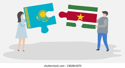 Couple holding two puzzles pieces with Kazakh and Surinamese flags. Kazakhstan and Suriname national symbols together.