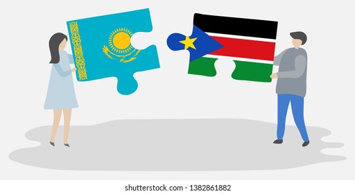 Couple holding two puzzles pieces with Kazakh and South Sudanese flags. Kazakhstan and South Sudan national symbols together.