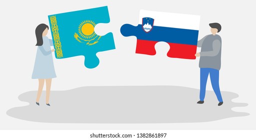 Couple holding two puzzles pieces with Kazakh and Slovenian flags. Kazakhstan and Slovenia national symbols together.