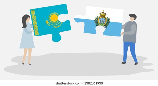 Couple holding two puzzles pieces with Kazakh and Sammarinese flags. Kazakhstan and San Marino national symbols together.