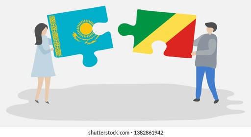 Couple holding two puzzles pieces with Kazakh and Congolese flags. Kazakhstan and Republic of the Congo national symbols together.