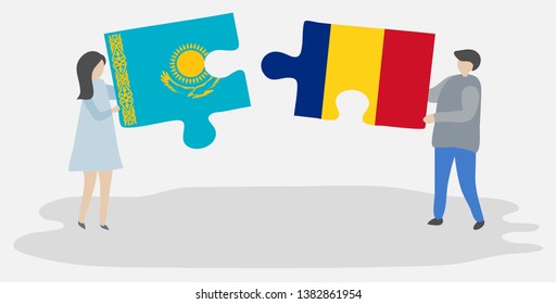 Couple holding two puzzles pieces with Kazakh and Romanian flags. Kazakhstan and Romania national symbols together.