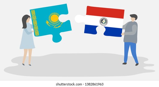 Couple holding two puzzles pieces with Kazakh and Paraguayan flags. Kazakhstan and Paraguay national symbols together.