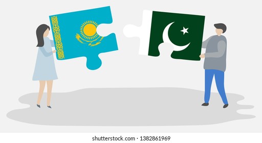 Couple holding two puzzles pieces with Kazakh and Pakistani flags. Kazakhstan and Pakistan national symbols together.