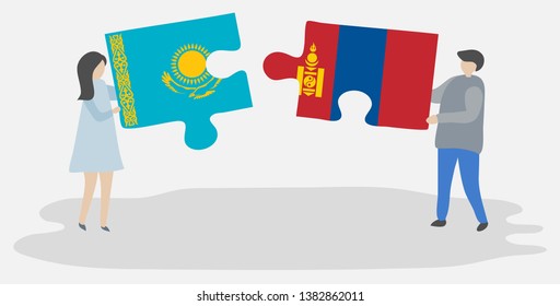 Couple holding two puzzles pieces with Kazakh and Mongolian flags. Kazakhstan and Mongolia national symbols together.