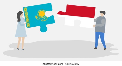 Couple holding two puzzles pieces with Kazakh and Monegasque flags. Kazakhstan and Monaco national symbols together.