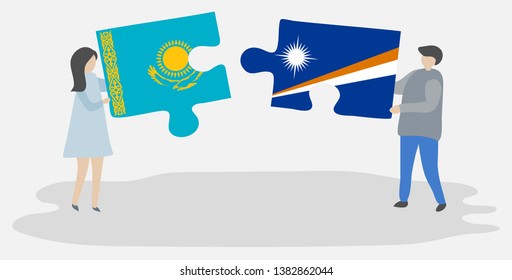 Couple holding two puzzles pieces with Kazakh and Marshallese flags. Kazakhstan and Marshall Islands national symbols together.