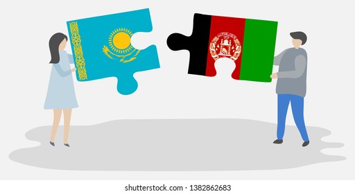 Couple holding two puzzles pieces with Kazakh and Afghan flags. Kazakhstan and Afghanistan national symbols together.