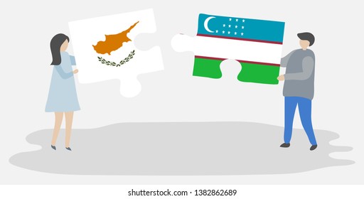 Couple holding two puzzles pieces with Cypriot and Uzbek flags. Cyprus and Uzbekistan national symbols together.