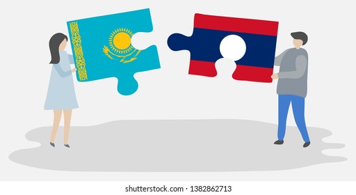Couple holding two puzzles pieces with Kazakh and Lao flags. Kazakhstan and Laos national symbols together.