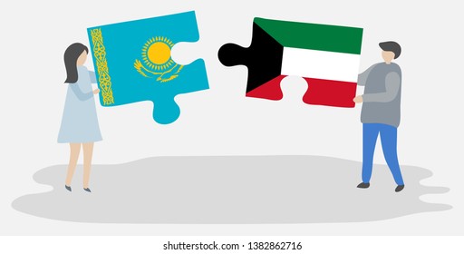 Couple holding two puzzles pieces with Kazakh and Kuwaiti flags. Kazakhstan and Kuwait national symbols together.