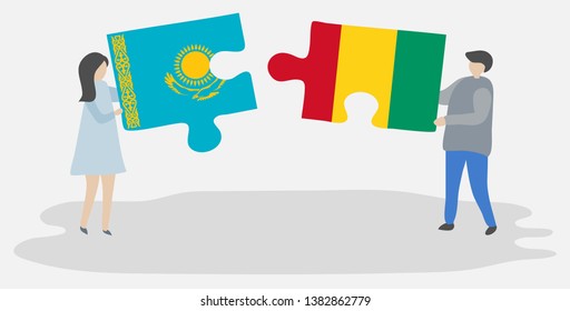 Couple holding two puzzles pieces with Kazakh and Guinean flags. Kazakhstan and Guinea national symbols together.