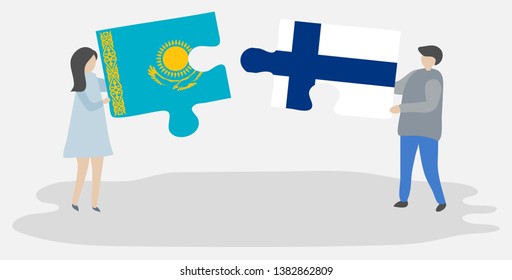 Couple holding two puzzles pieces with Kazakh and Finnish flags. Kazakhstan and Finland national symbols together.