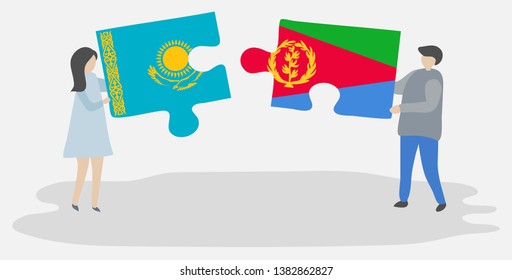 Couple holding two puzzles pieces with Kazakh and Eritrean flags. Kazakhstan and Eritrea national symbols together.