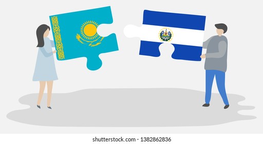 Couple holding two puzzles pieces with Kazakh and Salvadoran flags. Kazakhstan and El Salvador national symbols together.