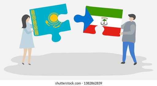 Couple holding two puzzles pieces with Kazakh and Equatorial Guinean flags. Kazakhstan and Equatorial Guinea national symbols together.