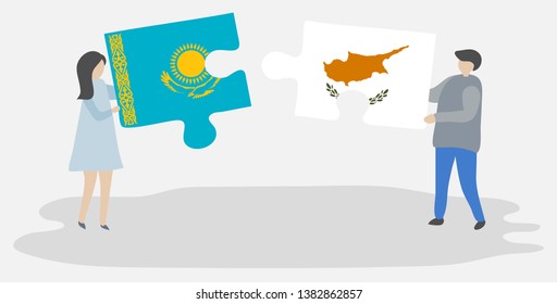Couple holding two puzzles pieces with Kazakh and Cypriot flags. Kazakhstan and Cyprus national symbols together.