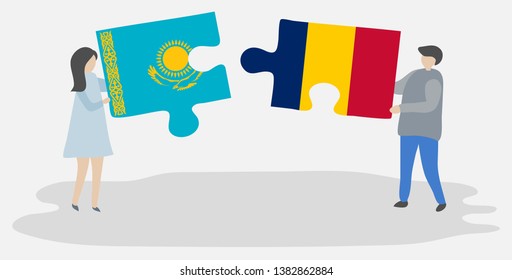 Couple holding two puzzles pieces with Kazakh and Chadian flags. Kazakhstan and Chad national symbols together.