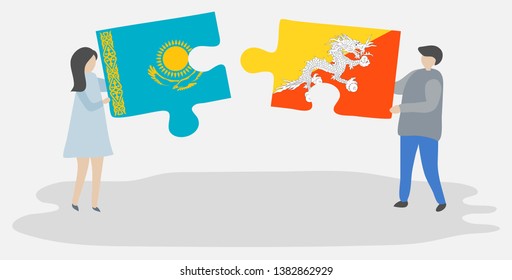 Couple holding two puzzles pieces with Kazakh and Bhutanese flags. Kazakhstan and Bhutan national symbols together.