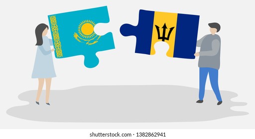 Couple holding two puzzles pieces with Kazakh and Barbadian flags. Kazakhstan and Barbados national symbols together.