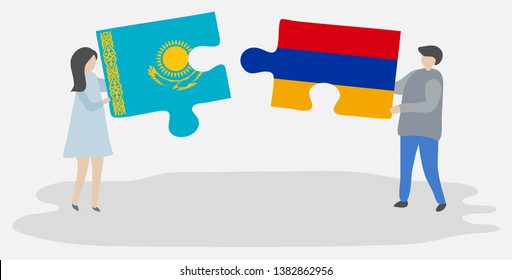 Couple holding two puzzles pieces with Kazakh and Armenian flags. Kazakhstan and Armenia national symbols together.