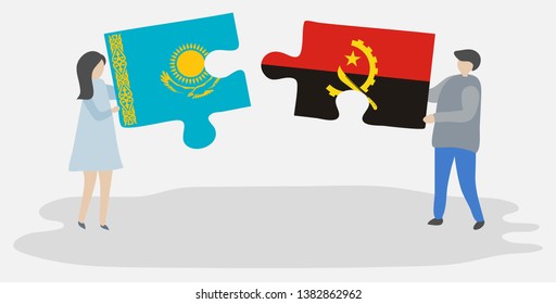 Couple holding two puzzles pieces with Kazakh and Angolan flags. Kazakhstan and Angola national symbols together.