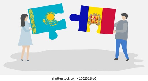 Couple holding two puzzles pieces with Kazakh and Andorran flags. Kazakhstan and Andorra national symbols together.