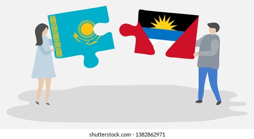 Couple holding two puzzles pieces with Kazakh and Antiguan flags. Kazakhstan and Antigua and Barbuda national symbols together.