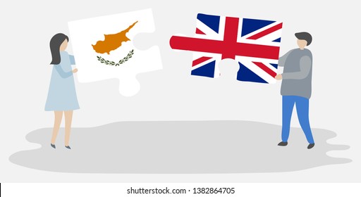 Couple holding two puzzles pieces with Cypriot and British flags. Cyprus and United Kingdom national symbols together.