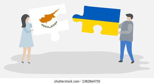 Couple holding two puzzles pieces with Cypriot and Ukrainian flags. Cyprus and Ukraine national symbols together.