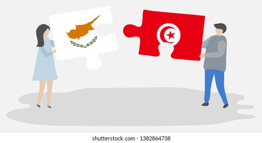 Couple holding two puzzles pieces with Cypriot and Tunisian flags. Cyprus and Tunisia national symbols together.