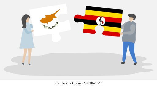 Couple holding two puzzles pieces with Cypriot and Ugandan flags. Cyprus and Uganda national symbols together.