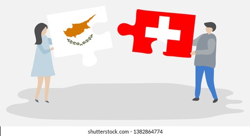 Couple holding two puzzles pieces with Cypriot and Swiss flags. Cyprus and Switzerland national symbols together.
