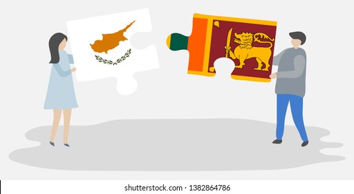 Couple holding two puzzles pieces with Cypriot and Sri Lankan flags. Cyprus and Sri Lanka national symbols together.