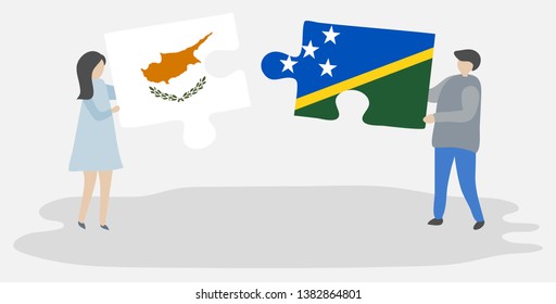 Couple holding two puzzles pieces with Cypriot and Solomon Island flags. Cyprus and Solomon Islands national symbols together.