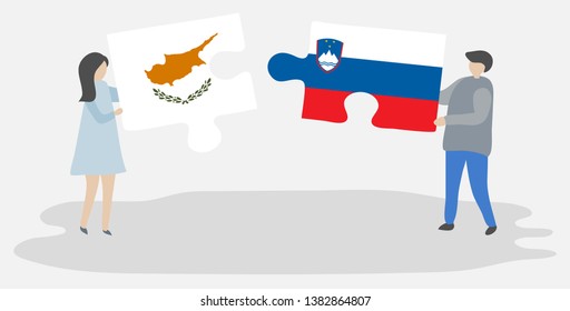 Couple holding two puzzles pieces with Cypriot and Slovenian flags. Cyprus and Slovenia national symbols together.