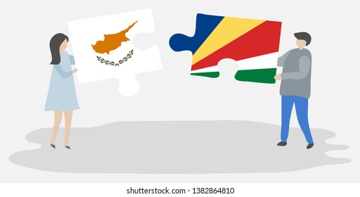 Couple holding two puzzles pieces with Cypriot and Seychellois flags. Cyprus and Seychelles national symbols together.
