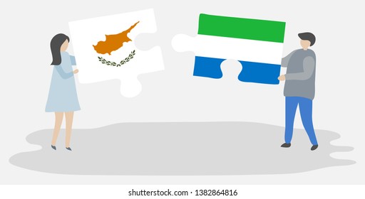 Couple holding two puzzles pieces with Cypriot and Sierra Leonean flags. Cyprus and Sierra Leone national symbols together.