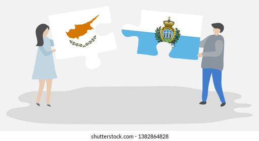 Couple holding two puzzles pieces with Cypriot and Sammarinese flags. Cyprus and San Marino national symbols together.