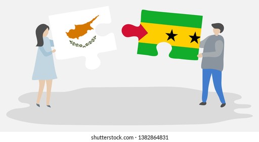 Couple holding two puzzles pieces with Cypriot and Sao Tomean flags. Cyprus and Sao Tome and Principe national symbols together.