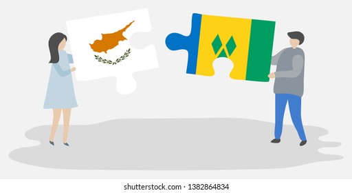 Couple holding two puzzles pieces with Cypriot and Vincentian flags. Cyprus and Saint Vincent and the Grenadines national symbols together.