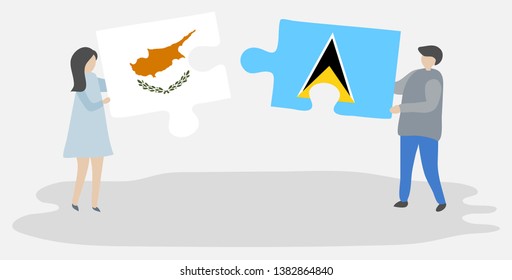 Couple holding two puzzles pieces with Cypriot and Saint Lucian flags. Cyprus and Saint Lucia national symbols together.