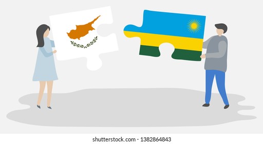 Couple holding two puzzles pieces with Cypriot and Rwandan flags. Cyprus and Rwanda national symbols together.